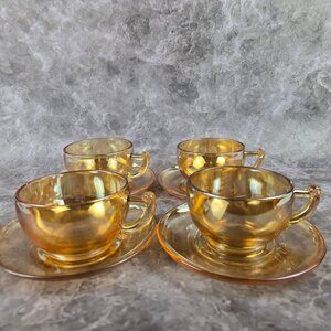 Vintage Jeanette Marigold Iridescent Carnival Glass Cups and Saucers Set of 4